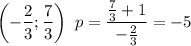 \left(-\dfrac{2}{3};\dfrac{7}{3}\right)\ p=\dfrac{\frac{7}{3}+1}{-\frac{2}{3}}=-5