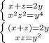 \left \{ {{x+z=2y} \atop {x^2z^2=y^4}} \right. \\\left \{ (x+z)=2y} \atop {xz=y^2}} \right. \\