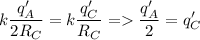 \displaystyle k\frac{q_A'}{2R_C}=k\frac{q_C'}{R_C} = \frac{q_A'}{2}=q_C'