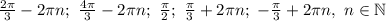 \frac{2\pi}{3} -2\pi n; \ \frac{4\pi}{3} -2\pi n; \ \frac{\pi}{2} ; \ \frac{\pi}{3}+2\pi n ;\ -\frac{\pi}{3} +2\pi n, \ n \in \mathbb{N}