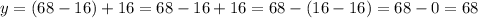 y = (68 - 16) + 16 = 68 - 16 + 16 = 68 - (16 - 16) = 68 - 0 = 68