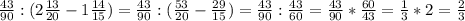 \frac{43}{90}:(2\frac{13}{20}-1\frac{14}{15} ) =\frac{43}{90} :(\frac{53}{20}-\frac{29}{15} )=\frac{43}{90} :\frac{43}{60} =\frac{43}{90} * \frac{60}{43} =\frac{1}{3} *2=\frac{2}{3}