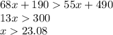 68x + 190 55x + 490\\13x 300\\x 23.08