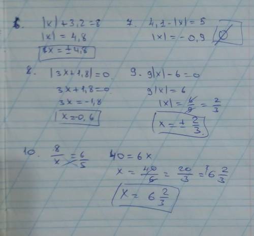 Решите уравнения: 6)|x|+3,2=87)4,1-|x|=58)|3x+1,8|=09)9|x|-6=010)8/x=6/5 заранее