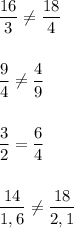 \dfrac{16}{3}\ne \dfrac{18}{4}\\\\\\\dfrac{9}{4}\ne \dfrac{4}{9}\\\\\\\dfrac{3}{2}=\dfrac{6}{4}\\\\\\\dfrac{14}{1,6}\ne \dfrac{18}{2,1}