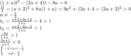 (1+a)t^2 -(2a+4)t -8a =0\\\frac{D}{4} = (a+2)^2 +8a(1+a) = 9a^2+12a+4 = (3a+2)^20\\ a\neq-\frac{2}{3} \\t_{1} = \frac{a+2+3a+2}{1+a}=41 \\t_{2} = \frac{a+2-3a-2}{1+a} 1\\\frac{-2a}{1+a} 1\\\frac{3a+1}{a+1} < 0\\ \left \{ -1