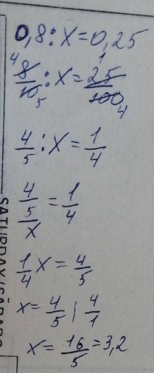 Найдите неизвестныйчлен пропорции:0,8:х=0,25​