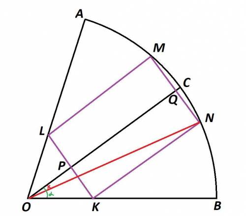 В сектор AOB радиуса R с центральным углом 2α вписали прямоугольник наибольшей площади, симметричный