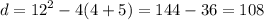 d = {12}^{2} - 4(4 + 5) = 144 - 36 = 108