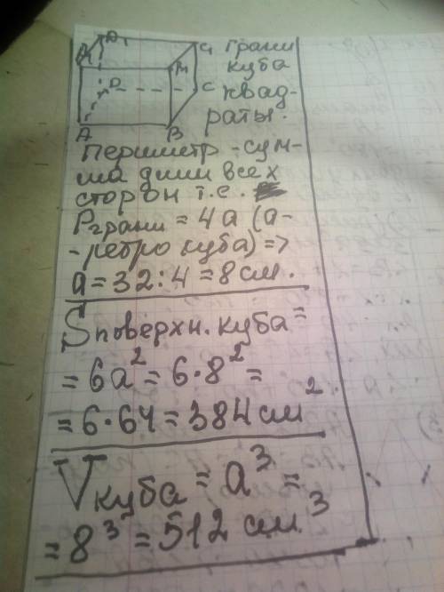 Периметр одной стороны куба равен 32 см. 1) Найдите площадь поверхности куба. 2) Найдите объем куба.