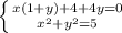 \left \{ {{x(1+y)+4+4y=0} \atop {x^2+y^2=5}} \right.