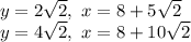 y=2\sqrt{2}, \ x = 8+5\sqrt{2}\\y = 4\sqrt{2}, \ x = 8+10\sqrt{2}