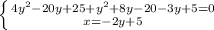 \left \{ {{4y^2-20y+25+y^2+8y-20-3y+5=0} \atop {x=-2y+5}} \right.