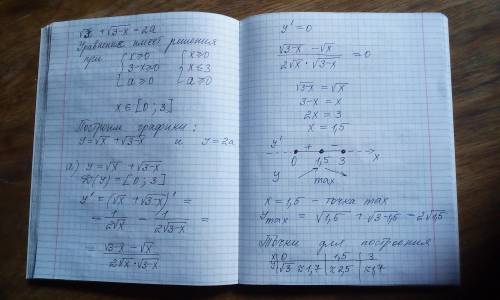 Найдите все значения параметра a, при каждом из которых уравнение sqrtx+sqrt(3-x)=2a имеет ровно два