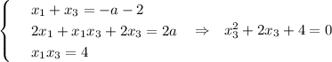 \begin{cases} & \text{ } x_1+x_3=-a-2 \\ & \text{ } 2x_1+x_1x_3+2x_3=2a \\ & \text{ } x_1x_3=4 \end{cases}~~\Rightarrow~~ x_3^2+2x_3+4=0