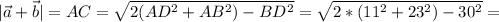 \displaystyle |\vec{a}+\vec{b}|=AC=\sqrt{2(AD^2+AB^2)-BD^2}=\sqrt{2*(11^2+23^2)-30^2}=