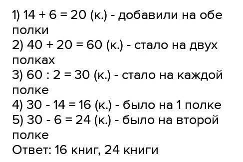 На двух полках 40 книг когда на первую полку поставили 14 книг а на второй 6 книг то на полках стало