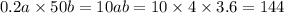 0.2a \times 50b = 10ab = 10 \times 4 \times 3.6 = 144