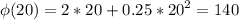 \displaystyle \phi(20)=2*20+0.25*20^2=140