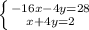 \left \{ {{-16x-4y=28} \atop {x+4y=2}} \right.