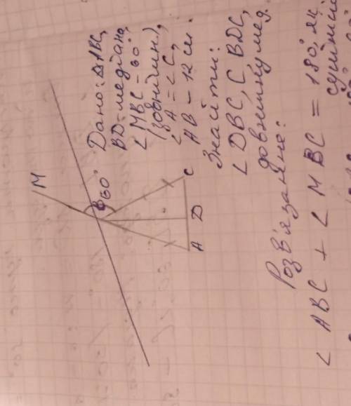 У рівнобедреному трикутнику ABC з основою AC, проведено медіану BD. Знайдіть довжинумедіани BD та ку