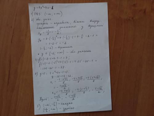 y=4x²+4x-1Знайти ОДЗ-?область значень-?f(1)-?f(-5)-?нулі функції-?Вказати проміжки зростання та спад