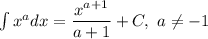 \int x^adx=\dfrac{x^{a+1}}{a+1}+C,\ a\neq -1