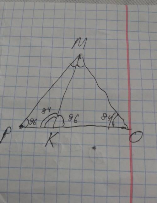 Треугольник MOP равнобедренный, op- его основание , MK- биссектриса угла OMP, угол OKM равен 96 град