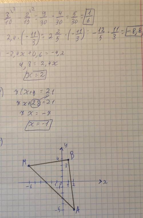 1) 3/10 - 2/15= 2) 2,4•(- 1 1/3) 3) -2,4х + 0,6=-4,2 4) 7(х+4)=21 5) построить треугольник в координ