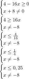 \displaystyle \begin{cases}4-16x\geq 0\\x +8\neq 0 \end{cases} \\\\\begin{cases}4\geq 16x\\x \neq -8 \end{cases} \\\\\begin{cases}x\leq \frac{4}{16} \\x \neq -8 \end{cases} \\\\\begin{cases}x\leq \frac{1}{4} \\x \neq -8 \end{cases} \\\\\begin{cases}x\leq 0,25 \\x \neq -8 \end{cases} \\\\