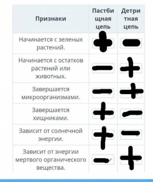 Сравни пастбищную и детритную пищевые цепи по признакам. Отметь наличие или отсутствие соответствующ