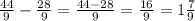 \frac{44}{9} - \frac{28}{9} = \frac{44 - 28}{9} = \frac{16}{9} = 1\frac{7}{9}