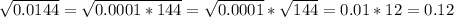 \sqrt{0.0144}=\sqrt{0.0001*144}=\sqrt{0.0001}*\sqrt{144}=0.01*12=0.12