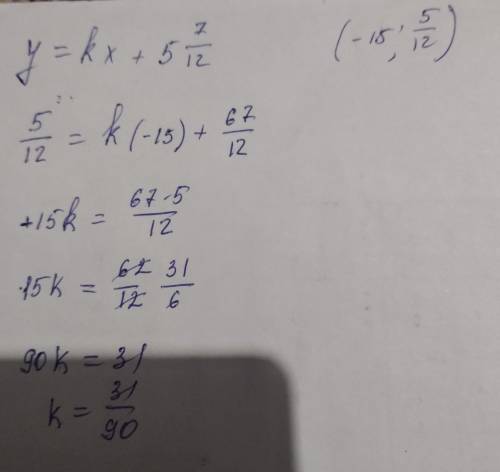 график функции y=kx+5 7/12 проходит через точку с координатами (-15;5/12) Найдите значение коэффицие