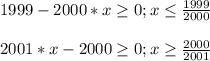 1999-2000*x\geq 0; x\leq \frac{ 1999}{2000}\\\\2001*x-2000\geq 0; x\geq \frac{2000}{2001} \\\\