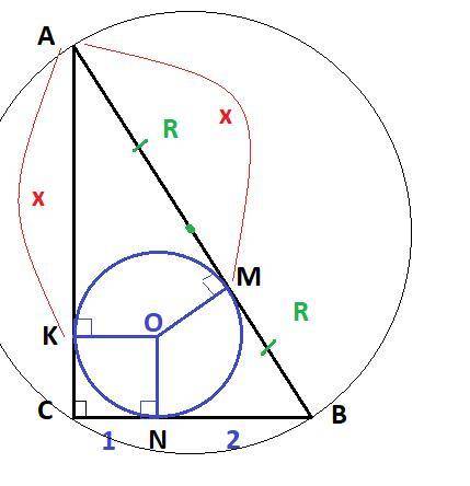 точка дотику кола вписаного у прямокутний трикутник ділить один із його катетів на відрізки 1 і 2 см