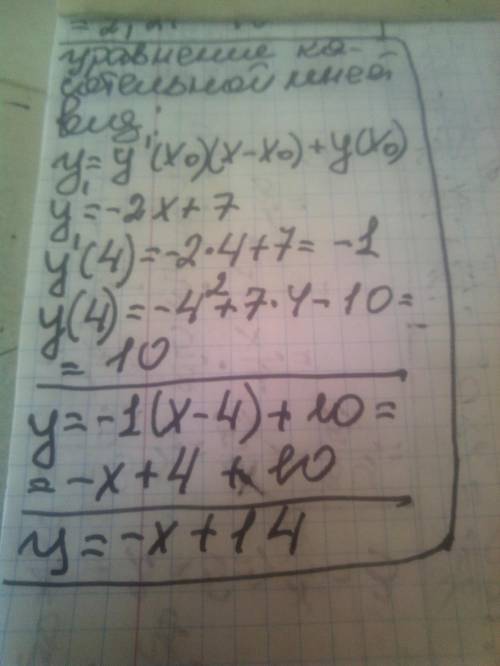 СОСТАВИТЬ УРАВНЕНИЕ КАСАТЕЛЬНОЙ К ПАРАБОЛЕ y = -x2+7x-10 в т. c x0=4