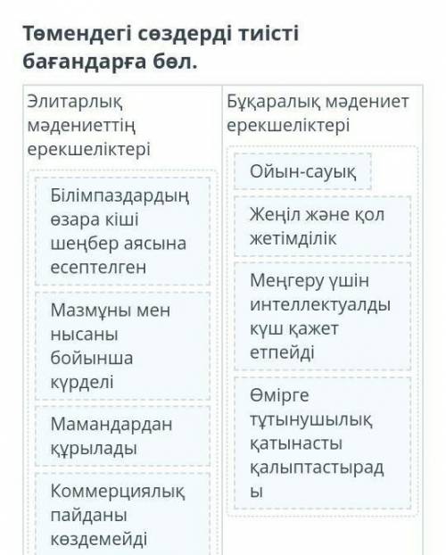 Төмендегі сөздерді тиісті бағандарға бөл. Элитарлық мәдениеттің ерекшеліктеріБұқаралық мәдениет ерек