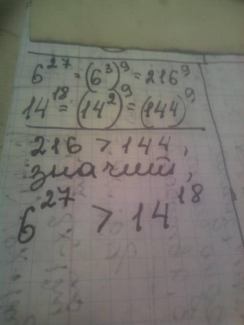 Сравните значения выражений 6^27 и 14^18