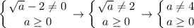 $\left \{ {{\sqrt{a} - 2 \neq 0} \atop {a\ge 0}} \right. \rightarrow \left \{ {{\sqrt{a} \neq 2} \atop {a\ge 0}} \right. \rightarrow \left \{ {{a \neq 4} \atop {a\ge 0}} \right.