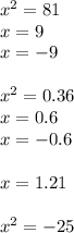 x^2=81\\x=9\\x=-9\\\\x^2=0.36\\x=0.6\\x=-0.6\\\\x=1.21\\\\x^2=-25