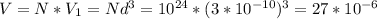 V=N*V_{1} =Nd^{3}=10^{24} *(3*10^{-10})^{3} =27*10^{-6}