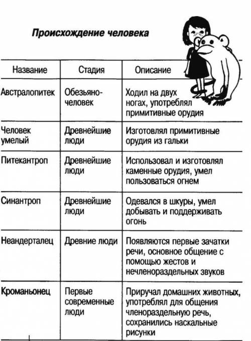 Таблица происхождение человека ​