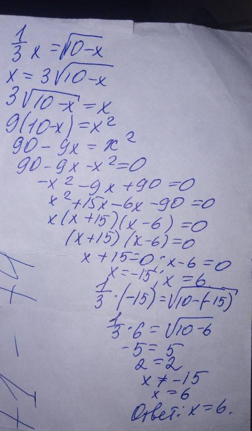 Используя свойство монотонности функции,решите уравнение: 1/3x=корень из 10-x