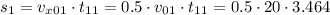 s_1 = v_{x01} \cdot t_{11} = 0.5\cdot v_{01}\cdot t_{11} = 0.5\cdot 20\cdot 3.464