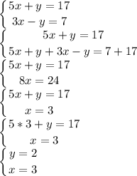 \displaystyle \left \{ {{5x+y=17} \atop {3x-y=7}} \right. \\\left \{ {{5x+y=17} \atop {5x+y+3x-y=7+17}} \right.\\\left \{ {{5x+y=17} \atop {8x=24}} \right.\\\left \{ {{5x+y=17} \atop {x=3}} \right.\\\left \{ {{5*3+y=17} \atop {x=3}} \right.\\\left \{ {{y=2} \atop {x=3}} \right.