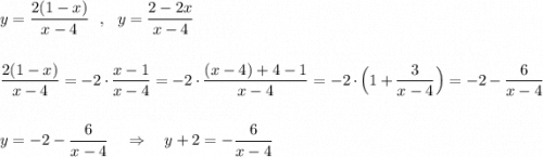 y=\dfrac{2(1-x)}{x-4}\ \ ,\ \ y=\dfrac{2-2x}{x-4}\\\\\\\dfrac{2(1-x)}{x-4}=-2\cdot \dfrac{x-1}{x-4}=-2\cdot \dfrac{(x-4)+4-1}{x-4}=-2\cdot \Big(1+\dfrac{3}{x-4}\Big)=-2-\dfrac{6}{x-4}\\\\\\y=-2-\dfrac{6}{x-4}\ \ \ \Rightarrow \ \ \ y+2=-\dfrac{6}{x-4}