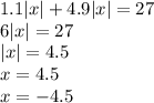 1.1|x|+4.9|x| = 27\\6|x| = 27\\|x| = 4.5\\x=4.5 \\x=-4.5