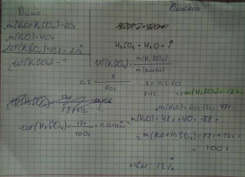 Задание 4. К 60г раствора серной кислоты с массовой долей 0.2 прилипли 40г воды.Вычислите массовую д