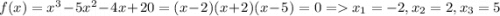 f(x) = x^3 -5x^2-4x+20 = (x-2)(x+2)(x-5)=0 = x_1 = -2, x_2 = 2, x_3 = 5